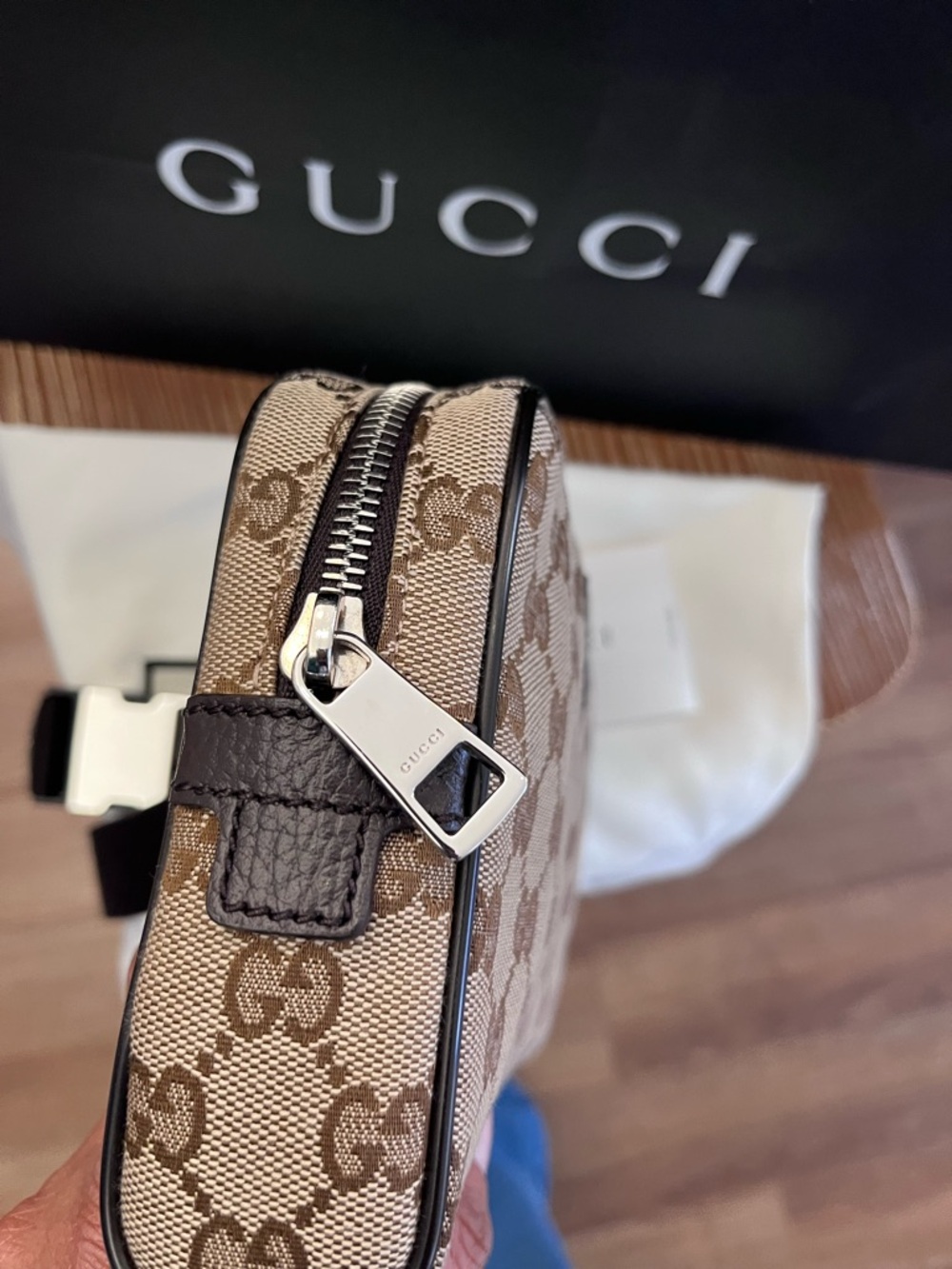Gucci Beige Monogram Canvas Belt Bag with Brown Trim - Picture 5 of 13